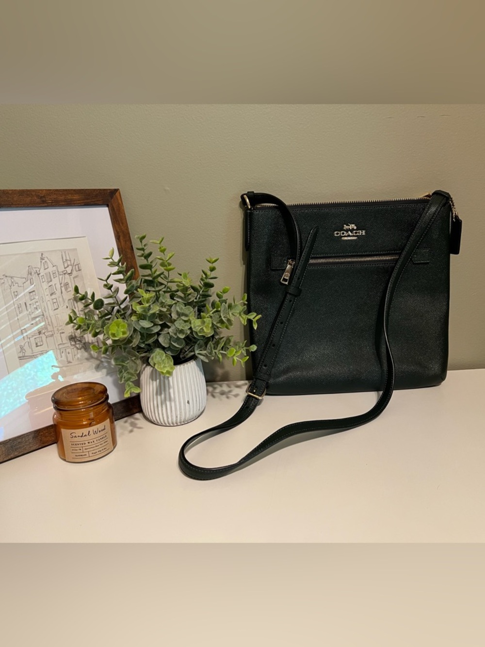 Coach Forest/Hunter Green Pebbled Leather Crossbody File Bag with Gold Hardware